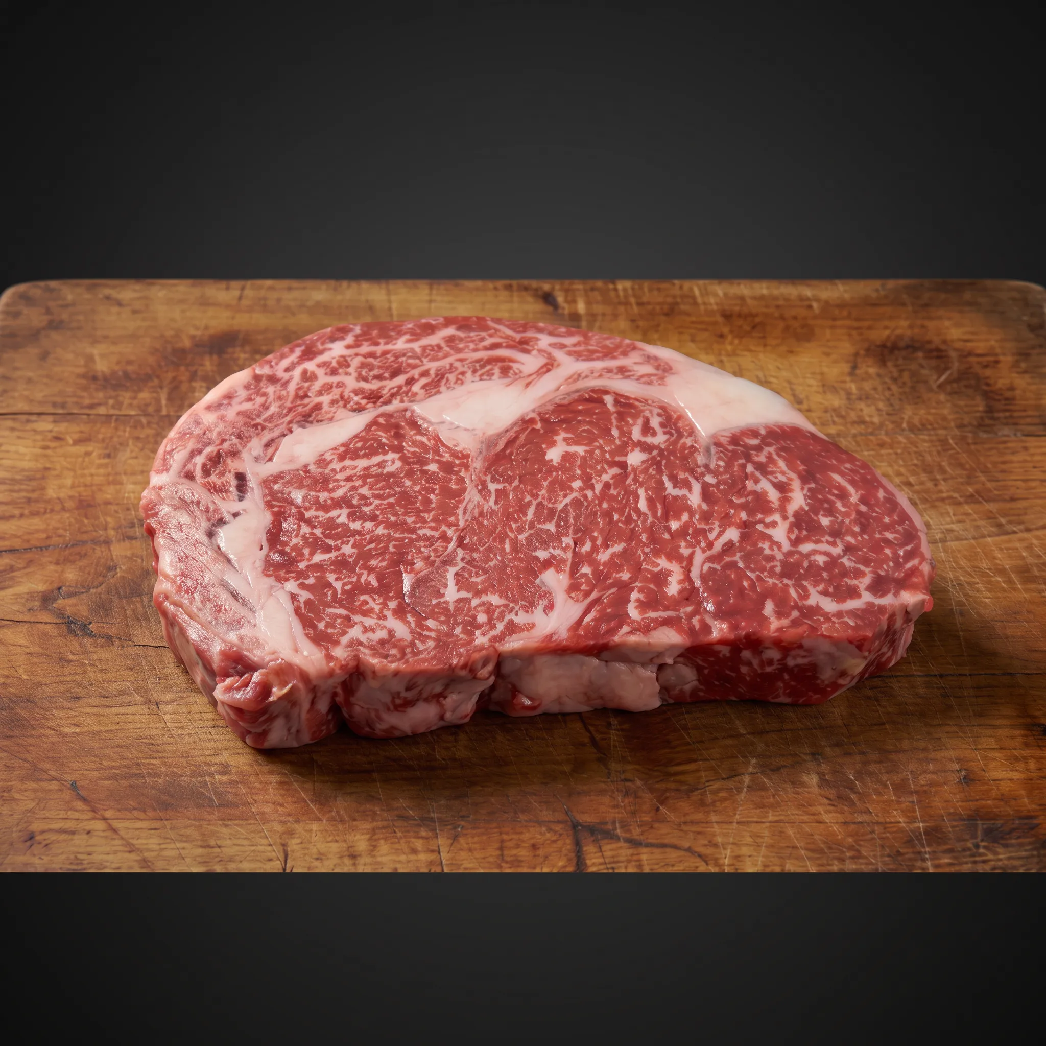 australski-wagyu-ribeye Evo alt teksta prilagođenog za SEO i tražilice, točno prema viđenom komadu mesa s visokom mramoriranošću: * `Australski Wagyu ribeye odrezak visoke mramoriranosti na drvenoj dasci`