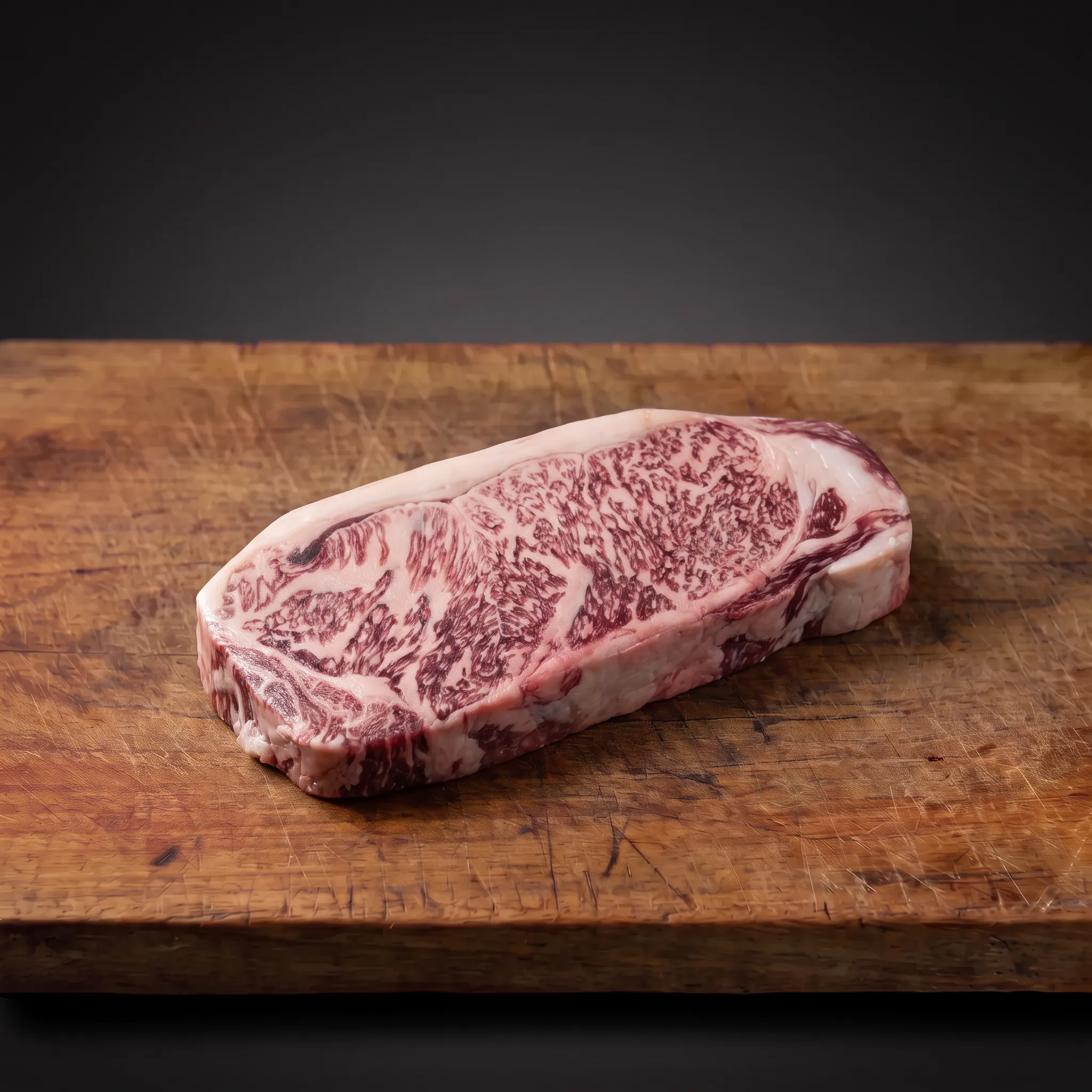Japanski Wagyu A5 Striploin – Kagoshima BMS 11–12 Japanski Wagyu A5 Striploin iz Kagoshime BMS 11–12 na drvenoj dasci