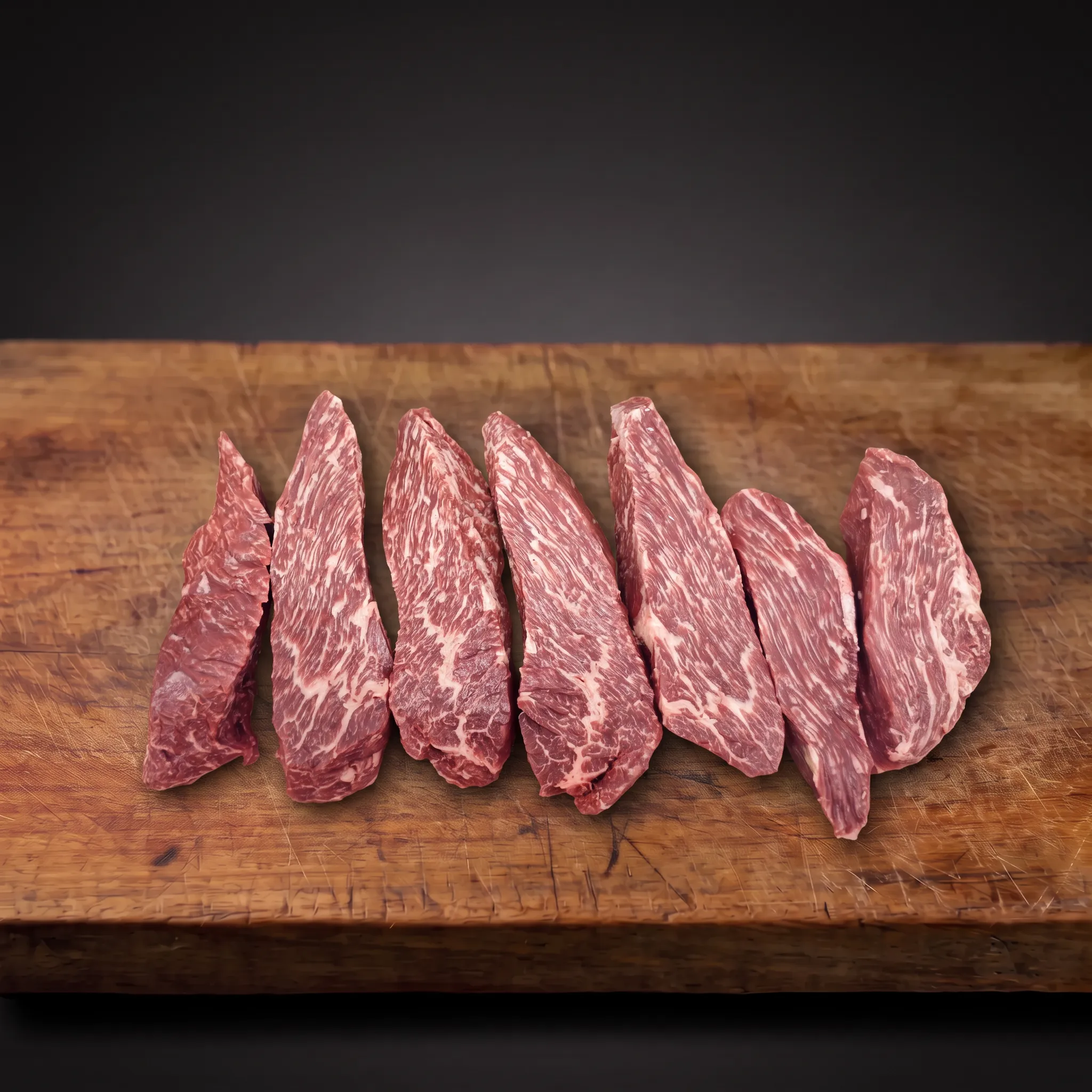 Australian Wagyu Bavette d’Aloyau – Flap Meat Australski Wagyu Bavette d’Aloyau Flap Meat na drvenoj dasci